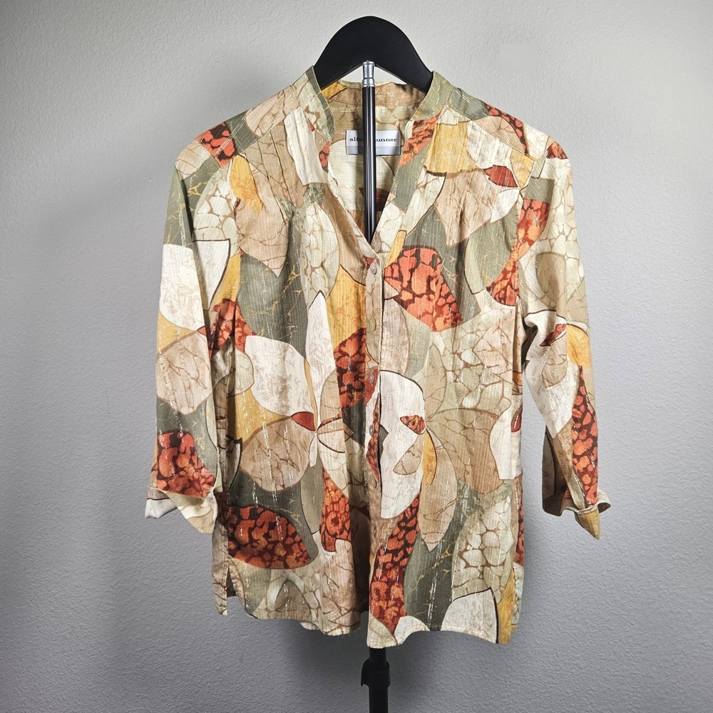 Alfred Dunner Blouse Women 8P Earthy Floral Gold Lurex 3/4 Sleeve Boho Classic